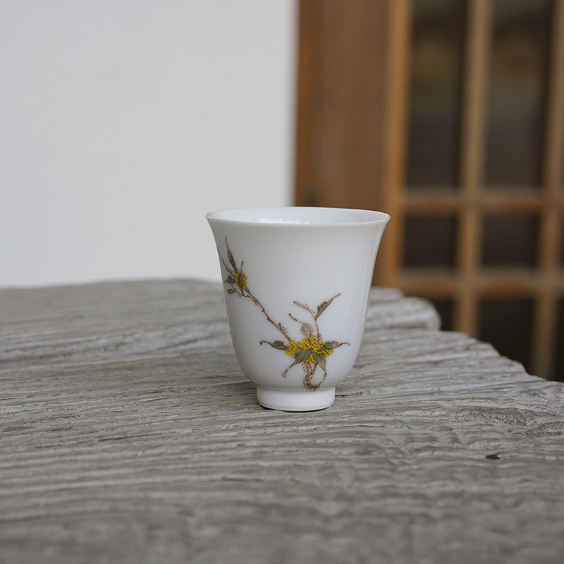 梅记  桂花杯  景德镇传统白瓷釉下五彩手绘折枝桂花玉兰 品茗杯