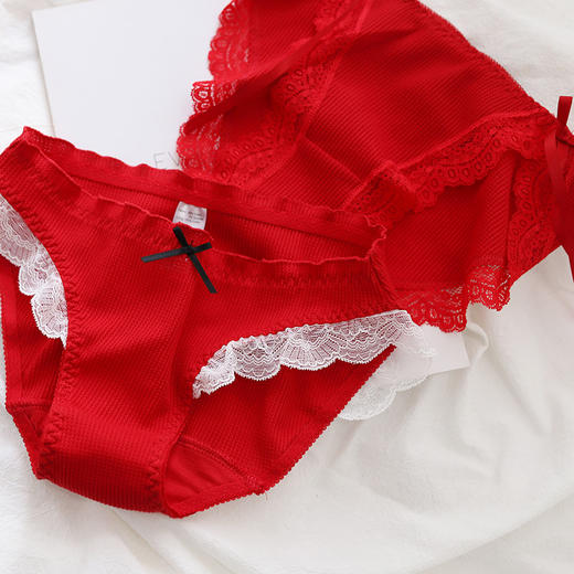 A01B镂空菠萝全棉新年红内裤本命年日系大红三角裤女华夫格 商品图0