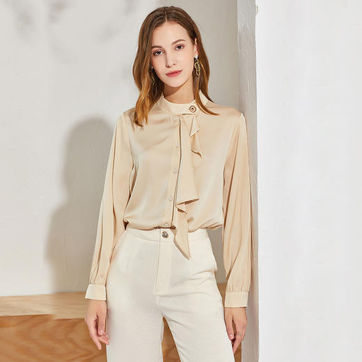 丁摩 新款重磅真丝衬衫女长袖纯色桑蚕丝衬衫个性飘带上衣Q121016-DA499 商品图3