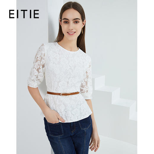 EITIE爱特爱品牌女装春夏新款洋气蕾丝镂空收腰五分袖短上衣A2113703 商品图0