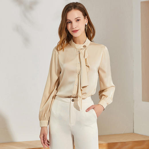 丁摩 新款重磅真丝衬衫女长袖纯色桑蚕丝衬衫个性飘带上衣Q121016-DA499 商品图4