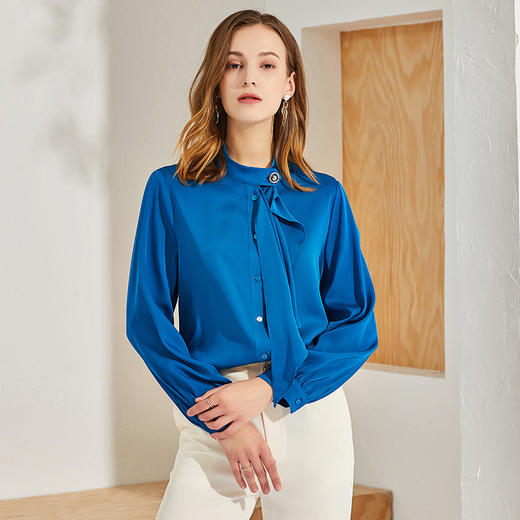 丁摩 新款重磅真丝衬衫女长袖纯色桑蚕丝衬衫个性飘带上衣Q121016-DA499 商品图5