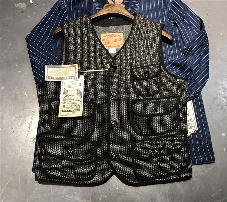 古着康正Labour union/LU115/多口袋猎装羊毛提花呢马甲