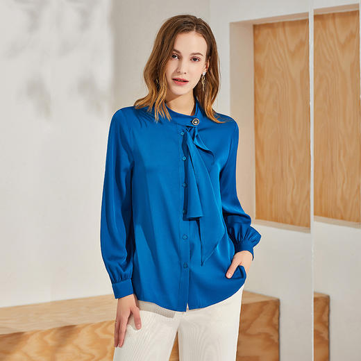 丁摩 新款重磅真丝衬衫女长袖纯色桑蚕丝衬衫个性飘带上衣Q121016-DA499 商品图6