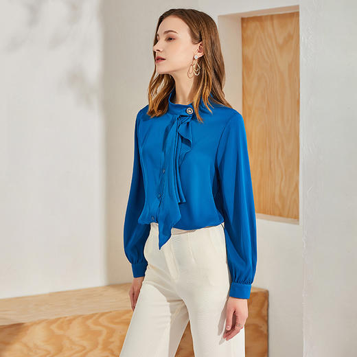 丁摩 新款重磅真丝衬衫女长袖纯色桑蚕丝衬衫个性飘带上衣Q121016-DA499 商品图7