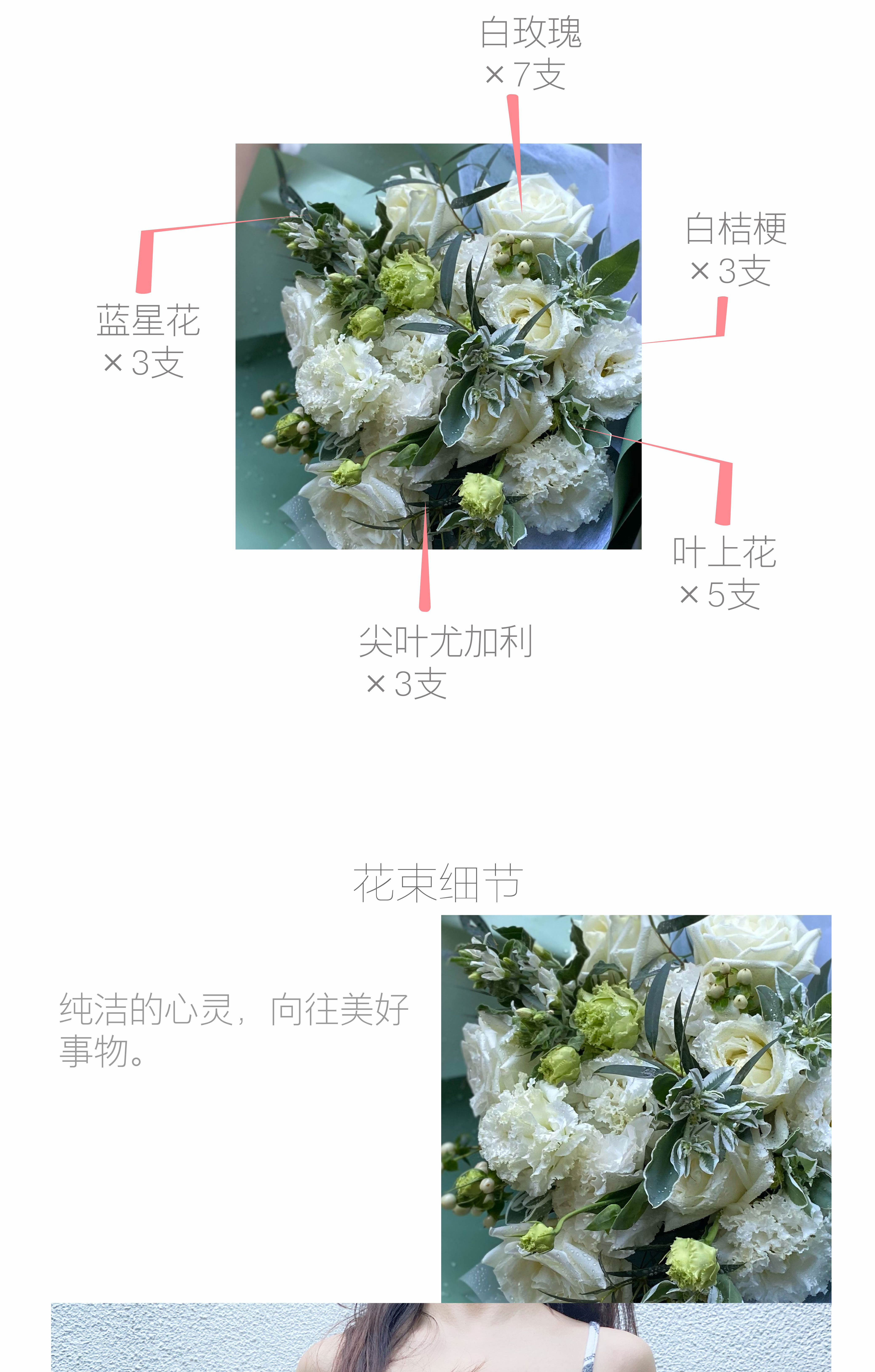 纯洁女神a款 白玫瑰桔梗蓝星花叶上花混搭韩式花束 小束 Usee有心鲜花商城