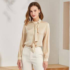 丁摩 新款重磅真丝衬衫女长袖纯色桑蚕丝衬衫个性飘带上衣Q121016-DA499