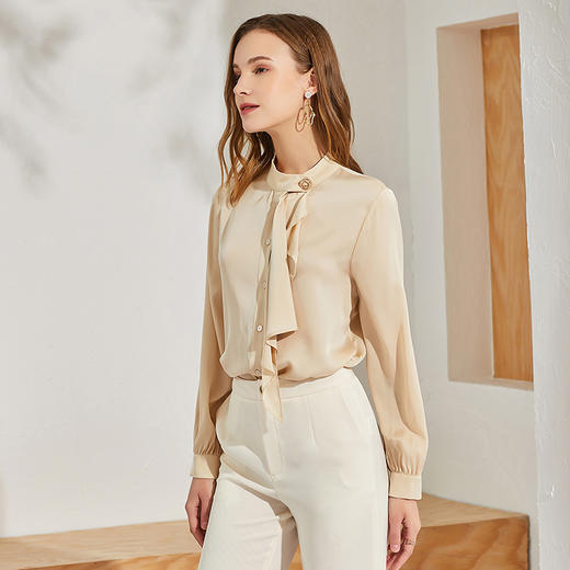丁摩 新款重磅真丝衬衫女长袖纯色桑蚕丝衬衫个性飘带上衣Q121016-DA499 商品图1