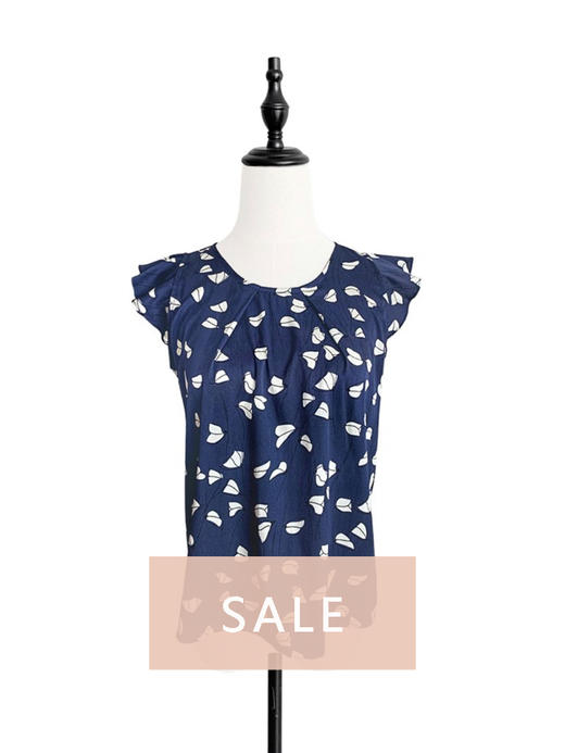 TYNVIE 花边半袖遮肩上衣 - 蓝色印花 商品图0