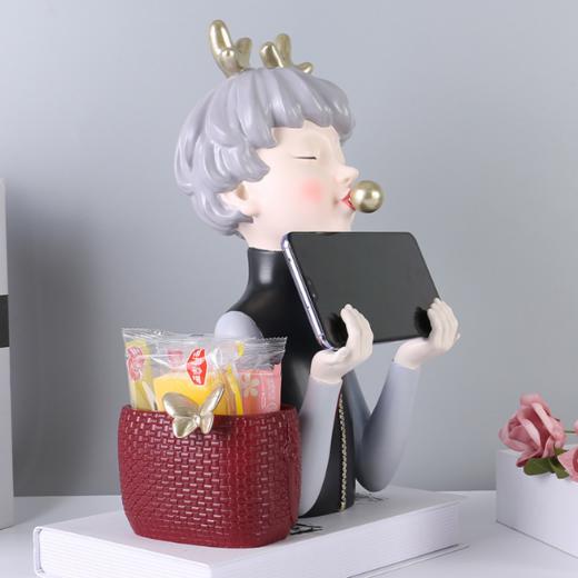 【家居摆件】*简约现代简约树脂工艺品鹿角泡泡女孩手机支架收纳二合一功能摆件 商品图2