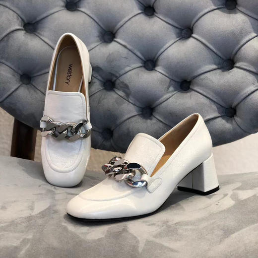 westory乐福鞋女2021春季新款链条真皮高跟一脚蹬单鞋52881 商品图1