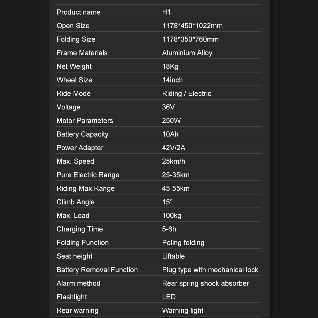 H1 electric bike specification