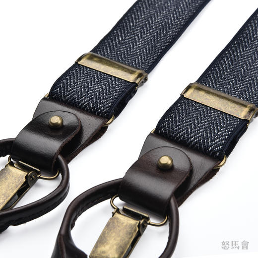 意大利牛皮尼龙橡丝Y型蓝色人字纹手工背带 商品图2