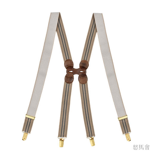意大利牛皮尼龙橡丝X型卡其色条纹手工背带 商品图0