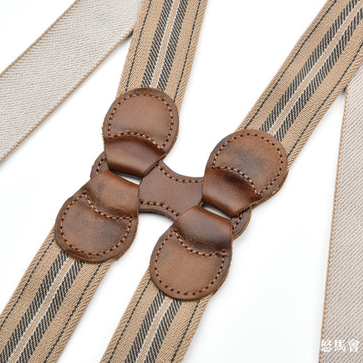 意大利牛皮尼龙橡丝X型卡其色条纹手工背带 商品图3