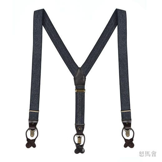 意大利牛皮尼龙橡丝Y型蓝色人字纹手工背带 商品图0