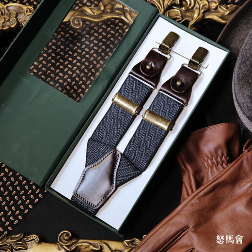 意大利牛皮尼龙橡丝Y型蓝色人字纹手工背带 商品图4