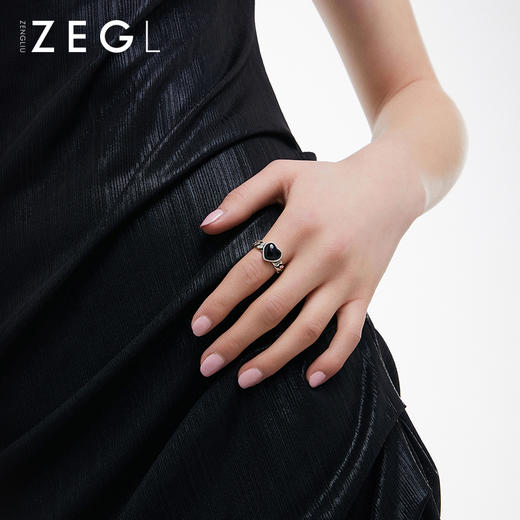 ZEGL925纯银复古玛瑙爱心戒指女小众设计时尚个性指环开口食指戒 商品图2