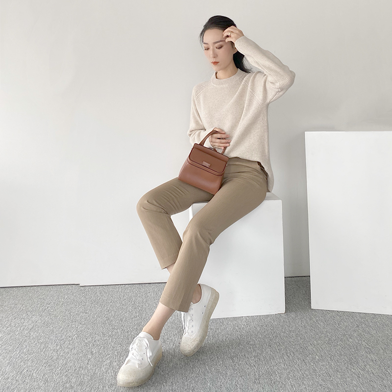 “新晋神裤” 卡其色高腰休闲直筒九分西裤