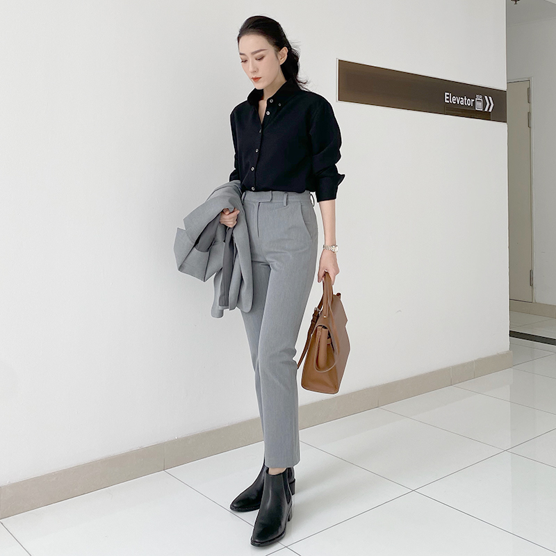 “新晋神裤” 灰色高腰休闲直筒九分西裤