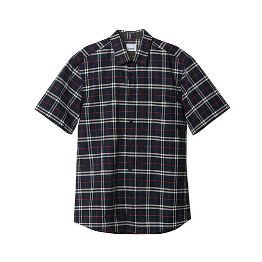 BURBERRY 巴宝莉 男士短袖小格纹弹力棉衬衫 蓝色小格子 8020964 A1960 商品图0