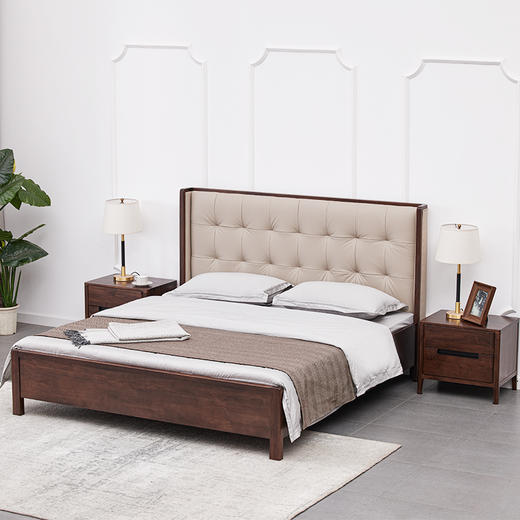 【现代实木风-NJT1107C03床】现代实木/现代简约/卧室/北美黑胡桃/真皮/实木床 商品图0