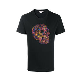 ALEXANDER MCQUEEN 麦昆 男士短T恤 黑色 彩色骷髅头印花 649873 QQZ53 0901