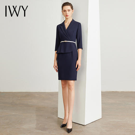 IWY/藏青色腰带收腰时尚气质连衣裙女商务通勤干练职场女神范工作服装 Q472 商品图1
