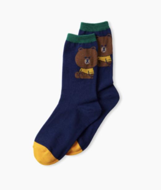 韩国 可爱 Line Friends布朗大学色块海军蓝中筒袜JPY带授权招加盟代理 商品图0