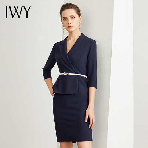IWY/藏青色腰带收腰时尚气质连衣裙女商务通勤干练职场女神范工作服装 Q472 商品图0