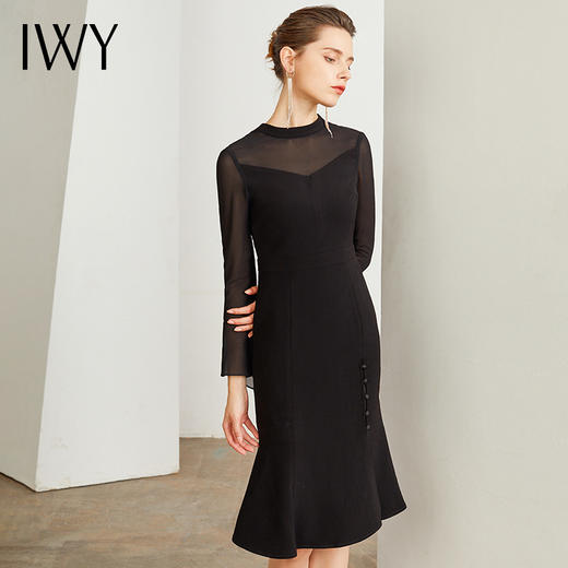 IWY/黑色时尚连衣裙女时尚修身喇叭裙修身显瘦包臀鱼尾气质OL职业长裙Q47 商品图0