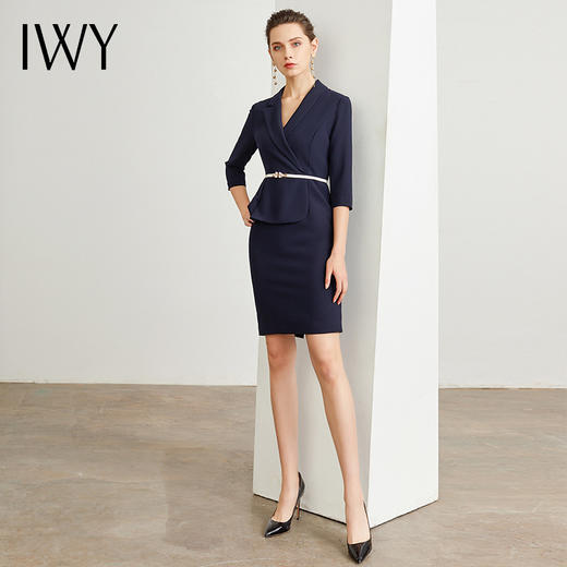 IWY/藏青色腰带收腰时尚气质连衣裙女商务通勤干练职场女神范工作服装 Q472 商品图2