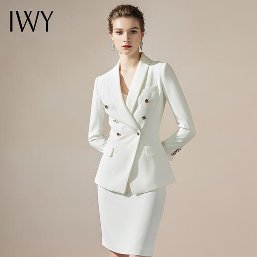IWY/通勤白色商务西服套裙女职业装套装修身双排扣时尚气质名媛英伦风CS1150 商品图0