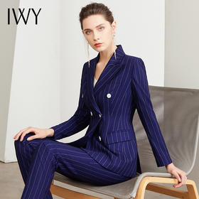IWY/藏青色条纹西装套装女时尚双排扣职业装商务工作服上班正装CP871