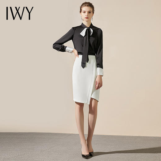 IWY/高端衬衫女气质黑色个性系带领优雅潮流围巾领上衣203088B1+S8308 商品图2