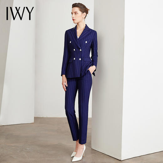 IWY/藏青色条纹西装套装女时尚双排扣职业装商务工作服上班正装CP871 商品图4