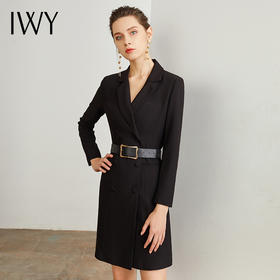 IWY/女总裁范黑色连衣裙女时尚双排扣系带气质女神商务职业通勤工作服Q13096