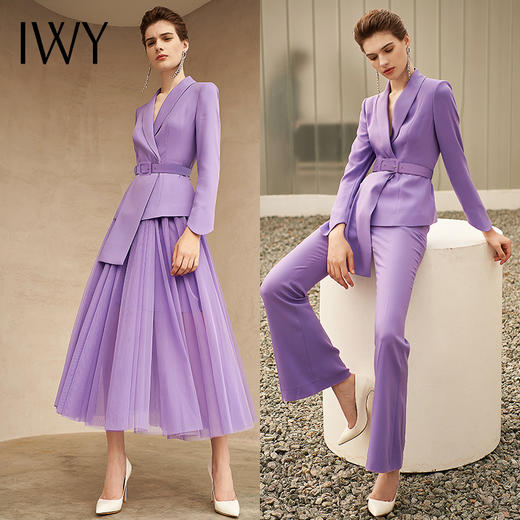 IWY/时尚紫色西服女微喇裤套装气质高端收腰绑带西装211004C1+P3 商品图4