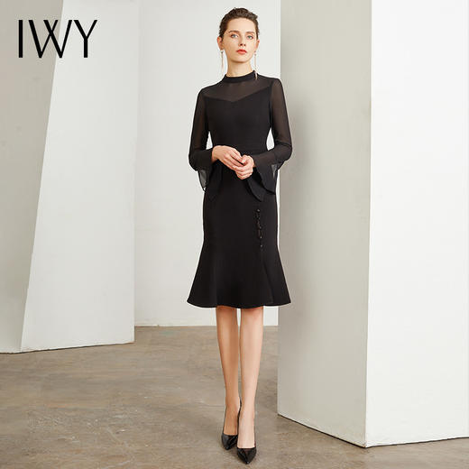 IWY/黑色时尚连衣裙女时尚修身喇叭裙修身显瘦包臀鱼尾气质OL职业长裙Q47 商品图3