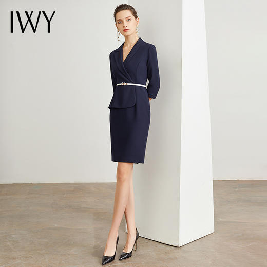 IWY/藏青色腰带收腰时尚气质连衣裙女商务通勤干练职场女神范工作服装 Q472 商品图4