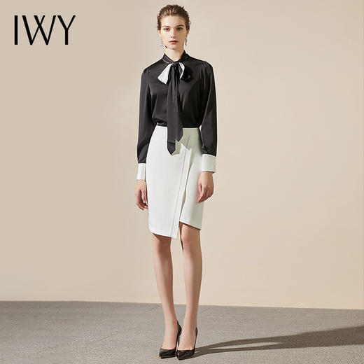 IWY/高端衬衫女气质黑色个性系带领优雅潮流围巾领上衣203088B1+S8308 商品图1