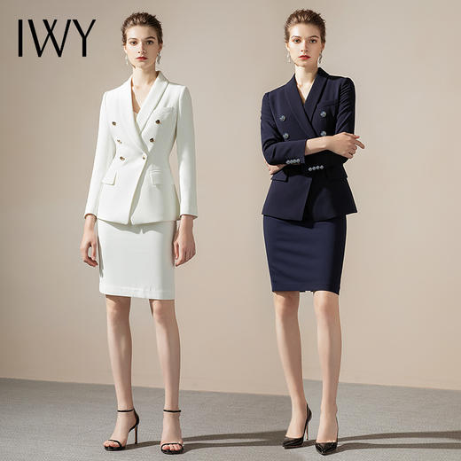 【上衣仅剩S码】IWY/藏蓝色西服西装套裙女时尚修身包臀气质名媛商务职业主持人工作服CS1150 商品图4