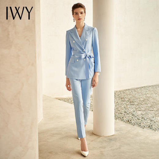IWY/高端时尚总裁蓝色西装套装气质洋气戗驳领西服商务正装套裤211012C1+P1 商品图1