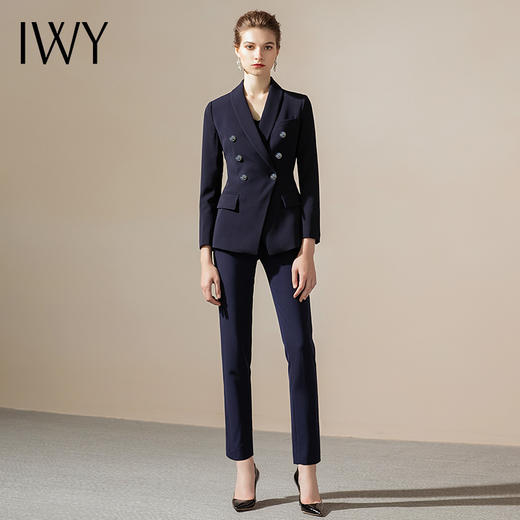 IWY/藏蓝色职业装西服西装套装女时尚双排扣修身气质女神商务干练正装CP1150 商品图2
