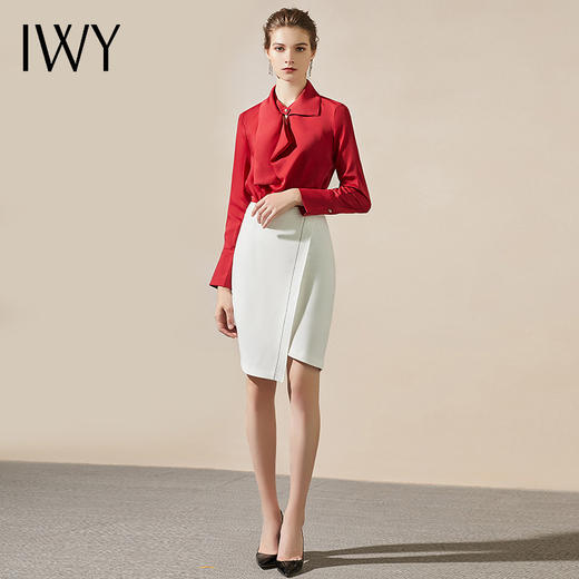 IWY/修身红色衬衫女长袖套头红衬衣职业装ol上衣女打底衫白色半裙3B18311+S8308 商品图0