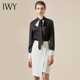 IWY/高端衬衫女气质黑色个性系带领优雅潮流围巾领上衣203088B1+S8308