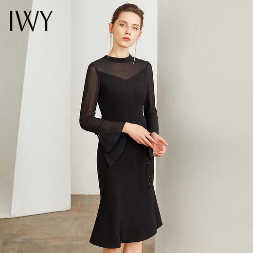 IWY/黑色时尚连衣裙女时尚修身喇叭裙修身显瘦包臀鱼尾气质OL职业长裙Q47 商品图1