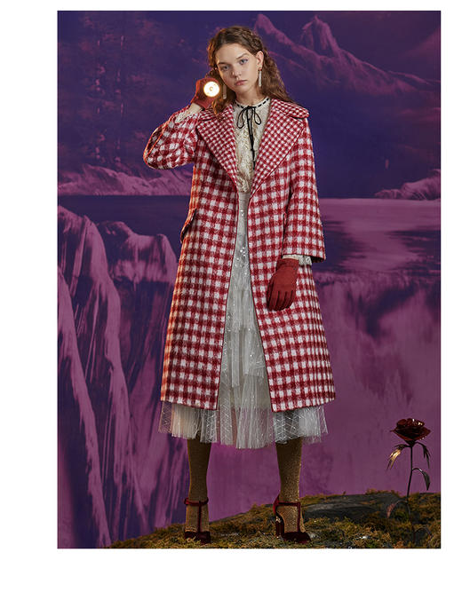 MAXRIENY红色格纹中长款格子西装领修身双面呢羊毛大衣新款复古女 商品图1