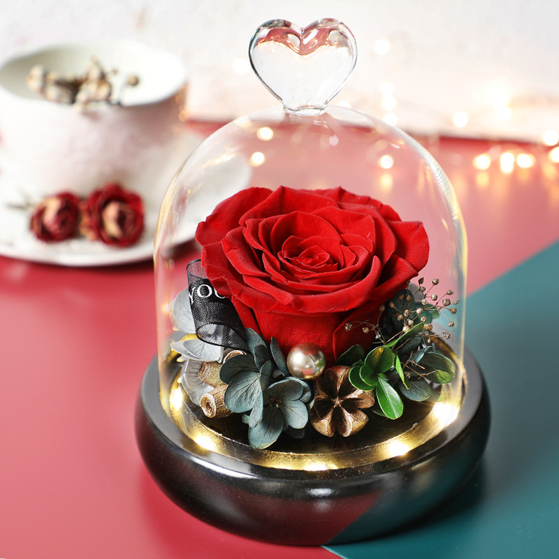 顺丰包邮 情人节礼物 爱心款永生花礼盒玻璃罩七夕情人节礼物闺蜜女友玫瑰花干花diy