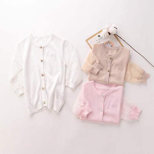 拉比-童衣类（春）D0优雅棉线拼接全开衣米白/粉红 商品图2